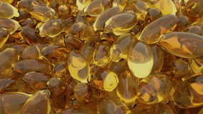 Low angle closeup 3D animation of many yellow soft capsules or gelcaps that are used for medicines, dietary supplements or vitamins in the health, well-being and medical industry. - Powered by Shutterstock - Get 15% off with code: PIKWIZARD15