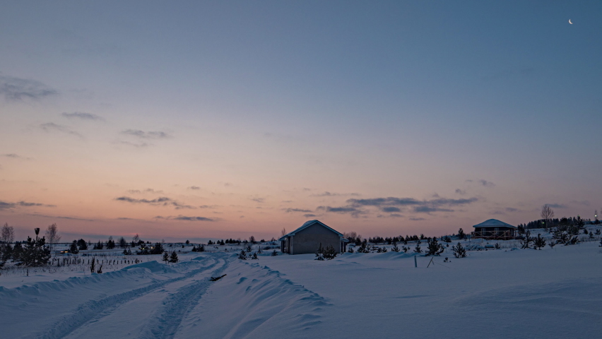 Winter time lapse, sunset in winter, beautiful winter landscape