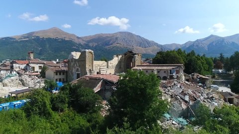 Amatrice, Rieti, Italy - circa September 2017. Aerial shooting with drone of the rubble of Amatrice after the destruction of the earthquake