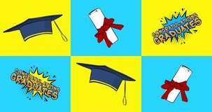 4k animated cartoon with Congratulation Graduates comic book style text, graduation cap and diploma. Graduation, end of educational year related footage. Greeting cards, social media posts, and motion