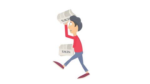 Paperboy. Newspaper delivery guy animation, alpha channel enabled. Cartoon