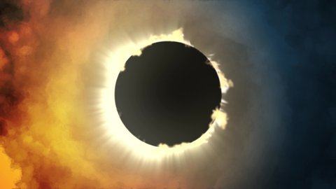  Total solar eclipse in dark red and dark blue glowing sky, supernatural phenomenon, the moon passes between the planet Earth and the Sun
