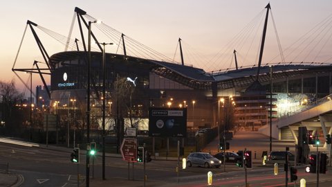 MANCHESTER, UK - 2021: Manchester City Etihad stadium timelapse zoom reveal