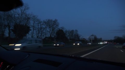 4K 60p 3 POV Windshield View Driving Car Fast on Highway at Night. France Europe