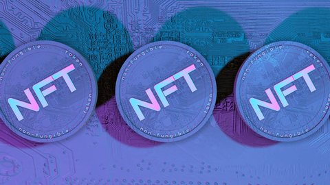 rotating round three-dimensional token with the inscription nft. concept crypto art. 3d render