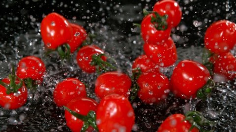 Super Slow Motion Shot of Cherry Tomatoes Flying into Water on Black Background at 1000fps.