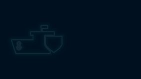 Glowing neon line Ship with shield icon isolated on black background. Insurance concept. Security, safety, protection, protect concept. 4K Video motion graphic animation.