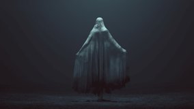 Standing Evil Spirit Ghost with one Knee Raised and Arms Out in a Death Shroud in a Foggy Void Back View 3d Illustration animation - Powered by Shutterstock - Get 15% off with code: PIKWIZARD15