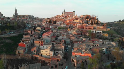 Toledo, Spain - March 20, 2021: Aerial drone point of view historical city of Toledo. Castilla–La Mancha. Travel and tourism, famous tourist attraction place concept. Spain. Europe