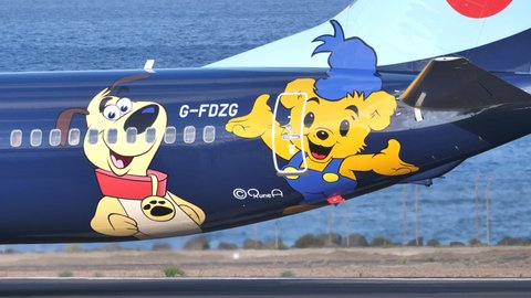 Canary Islands, Spain 06.02.2019 Tail of Boeing 737 of TUI Airways with special livery Family Life Hotels. High quality 4k footage