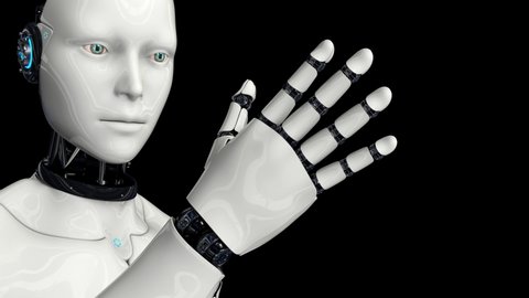 Стоковое видео: Futuristic humanoid robot moves its head, eyes and scans, studies the movement of his hand. Artificial intelligence. The camera moves away the robot. On a black background. 4K. 3D animation.