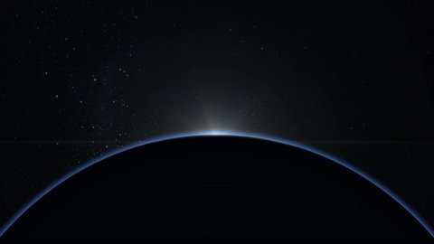 Sunrise over the Earth. View from space. The earth is static. Volumetric clouds. Starry sky. 4K. 3d rendering.