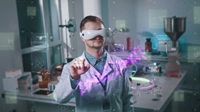 Medical Doctor Scientist in VR glasses Exploring Human dna genetic elements. Touching hologram Animation, search cream chemical Formula. Future digital technology in health care industry. Vaccine - Powered by Shutterstock - Get 15% off with code: PIKWIZARD15