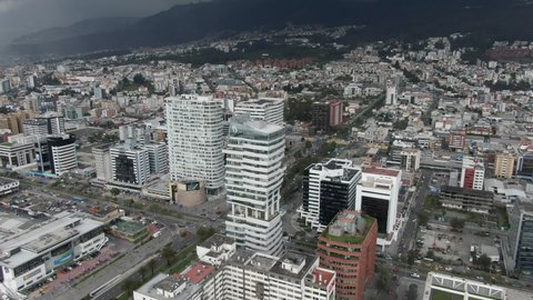 Aerial shot of Quito buildings on a cloudy day. Ecuador