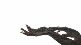 Double exposure. Hand skincare. Spa natural cosmetology. Beauty wellness. Sunset water surface motion in shape of female gentle fingers pampering arm isolated on white empty space background. - Powered by Shutterstock - Get 15% off with code: PIKWIZARD15