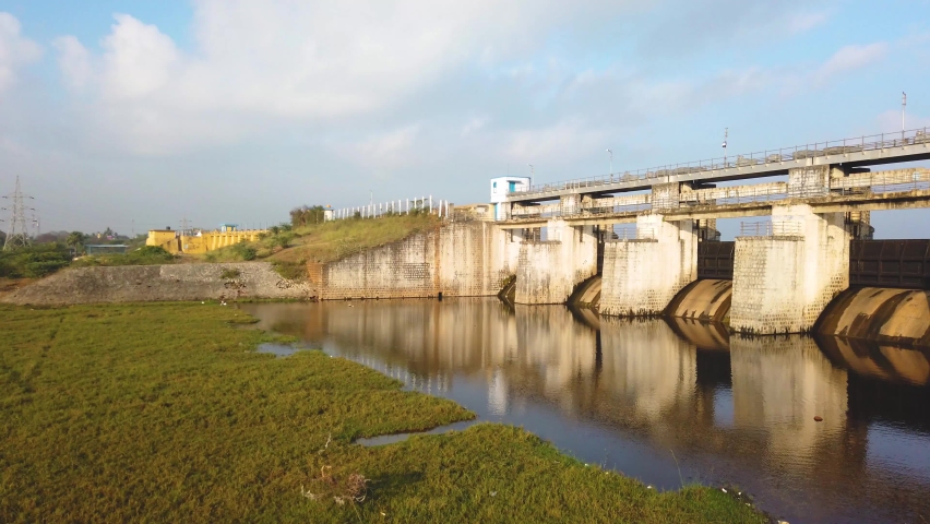 Water Release Exit of Chembarambakkam Lake  Located At Chennai 4K Stock Footage. Largest Water Supply Lake In Chennai. 