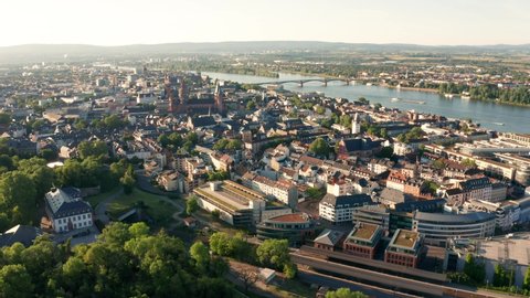 Mainz sunny summer drone shot with the Dome old town city and the river in the back from an aerial view