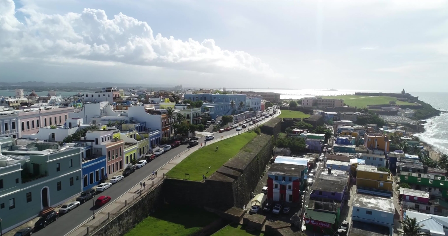Perfect drone Shot of Old San Juan, Puerto Rico with excellent Sky and Castillo San Felipe del Morro at the back ground