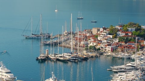 Cityscape of Marmaris, Turkey. Marmaris is a port city and tourist resort on the Mediterranean coast in Mugla Province, Turkey. Slow panning shot 