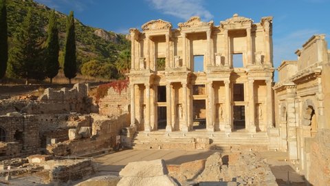 Celsus Library in ancient city Ephesus, Anatolia in Selcuk, Turkey. Slow motion steadicam shot
