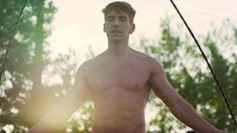 Focused Beautiful Guy Jumping Rope Naked Stock Footage Video (100%
