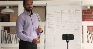 African ethnicity male teacher teaches to learner remotely by video call app on mobile phone, standing near flip chart explain English grammar tenses basic. Foreign language class for beginner concept