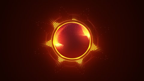 Bright glowing yellow, orange colored music, voice tone dynamic radial, circular equalizer. Abstract particle motion. Audio waveform, floating dotts. Neon light. Sound visualization. 4K animation 
