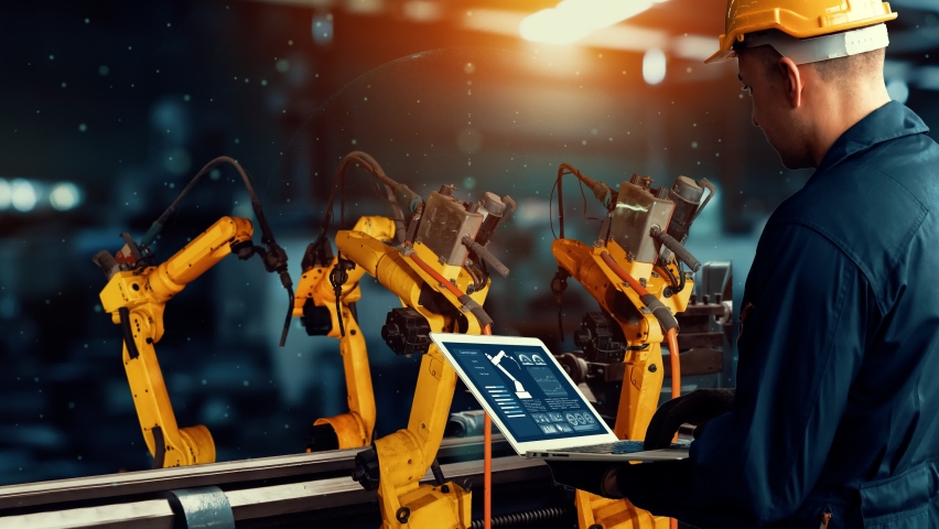 Smart industry robot arms modernization for digital factory technology . Concept of automation manufacturing process of Industry 4.0 or 4th industrial revolution and IOT software control operation . | Shutterstock HD Video #1069394101