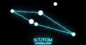 Scutum constellation. Light rays, laser light shining blue color. Stars in the night sky. Cluster of stars and galaxies. Horizontal composition, 4k video quality