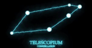 Telescopium constellation. Light rays, laser light shining blue color. Stars in the night sky. Cluster of stars and galaxies. Horizontal composition, 4k video quality