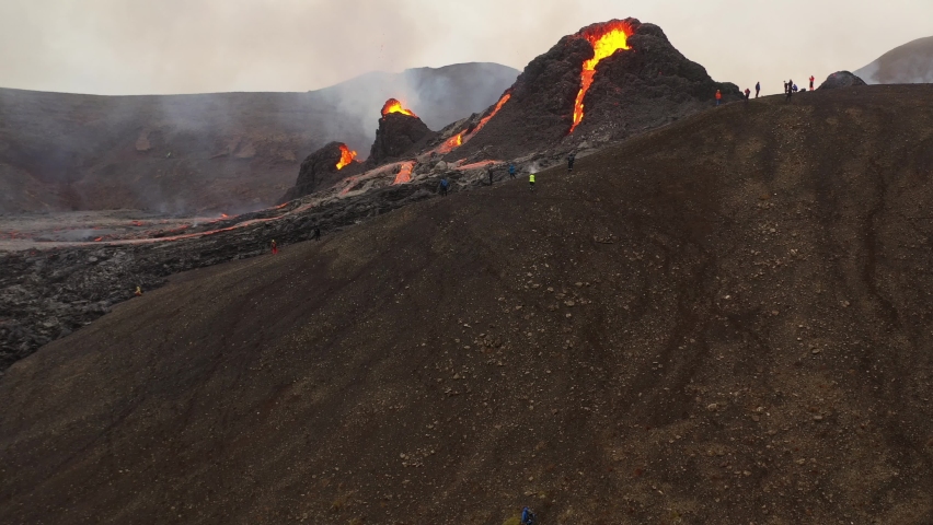 Geldingadalur volcano eruption in Reykjanes peninsula Iceland. Flowing lava and craters.