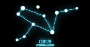 Grus constellation. Light rays, laser light shining blue color. Constellation of the crane. Stars in the night sky. Horizontal composition, 4k video quality