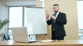 business presentation man in formal suit holds meeting online using laptop webcam.during video conference make a strategy, meeting, briefing. show on whiteboard in a modern office call remotely