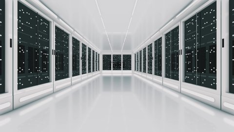 Virtual hi tech animation. White server room with servers behind glass panels in data center. Big data storage. Concept of data transmission, computer communication, digital information travels.