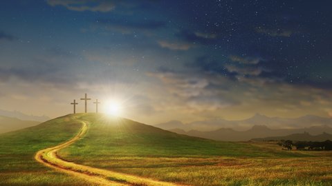 The road to the cross and salvation concept. Three crosses on a hill with moving clouds background. Easter and resurrection concept. Seamless looping 4k