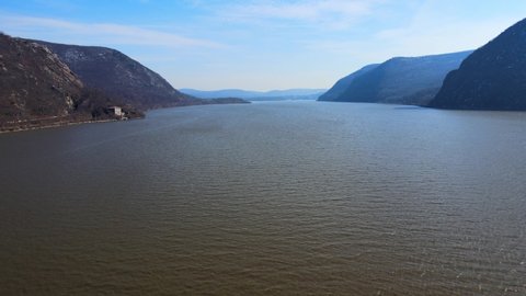 Aerial drone footage of the Hudson River Valley in New York State at the windgate section between Storm King mountain and breakneck ridge
