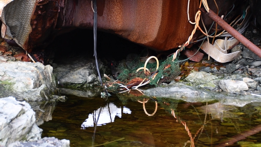 Dirty stagnant water pool and rusty metal outdoors in nature. Close up shot.