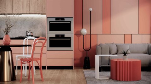 Red pastel mock up living and dining room apartment or condominium interior design and decoration. 3d rendering living room dining room and kitchen interior.
