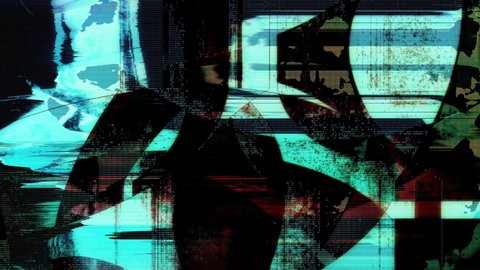 Trippy grunge cyberpunk anime manga HUD Glitch Loop. 3D animated computer screen system failure, chaos, cybercrime, or matrix gaming style. Interference noise screen motion abstract digital hologram.