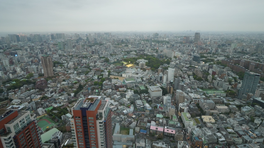 Minato Ward of Tokyo metropolis deck view. Cityscape at evening twilight, dense build urban area stretching all around.