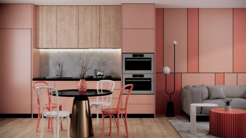 Red and pink pastel mock up room interior design and decoration for studio apartment. 3d rendering living and dining room interior decaration with modern pastel color wall and wooden floor.