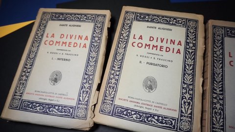 Rome, Italy - March 21, 2021, Dante Alighieri's Divine Comedy, Inferno, Purgatorio and Paradiso, commented by V. Rossi, S. Frascino, Dante Alighieri limited company.