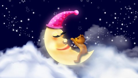 Moon cartoon sleeping ZZZ, Bear cartoon, Babies sleep background, Looped moon, Shooting star, Night fantasy, animation background.