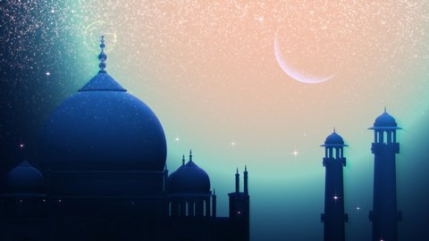 Ramadan Kareem Silhouette Soft Background Loop. 3D rendering. Silhouette of Taj Mahal with particle glitter glow and crescent moon on soft background.