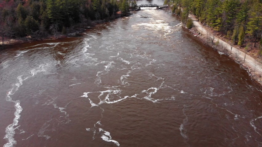 Birds eye view of some river rapids along the Riviere Rouge in Quebec, Canada. Photo taken with a drone.