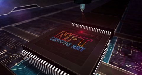 NFT Crypto Art symbol. Non fungible token, digital collectibles selling, cyber transaction and unique certificate concept. CPU factory production abstract 3d rendering loopable seamless animation.