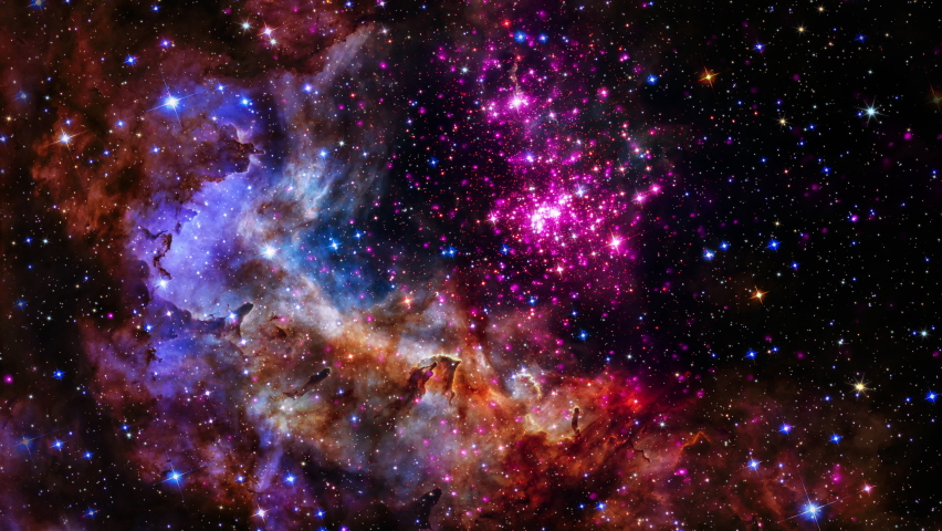 Loop Space Flight deep space exploration travel to Westerlund 2 sparkling cluster. 4K 3D loop space exploration to Westerlund 2 compact young star cluster in the Milky Way. Furnished by NASA image. Royalty-Free Stock Footage #1069462912