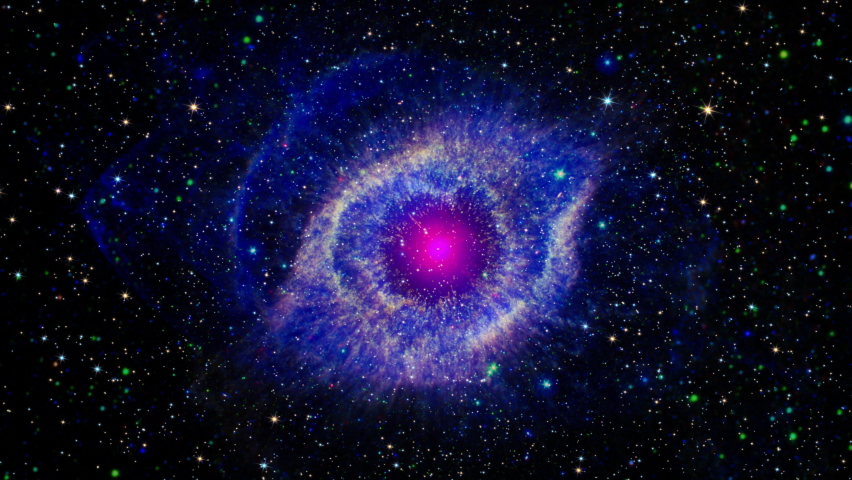Loop Space Flight deep space exploration travel to Helix Nebula. 4K 3D loop space exploration to Helix Nebula, planetary nebula located in the constellation Aquarius. Furnished by NASA image.