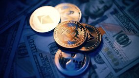 Bitcoin BTC coin and Ethereum ETH coins are rotating with 100 dollars bills. Digital crypto coin and cryptocurrency. Concept of exchange market and online trading - Powered by Shutterstock - Get 15% off with code: PIKWIZARD15