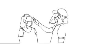 Medical staff check body temperature at woman. Continuous one line animation. Vector Illustration COVID-19 symbol. Visitors must go through fever measures using infrared digital.  4K video. h.264 - Powered by Shutterstock - Get 15% off with code: PIKWIZARD15
